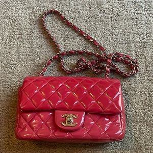 CHANEL Pink Quilted Patent Leather Mini Flap Crossbody Bag